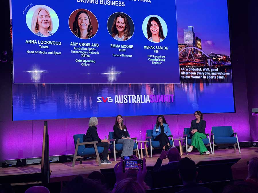 Women in Sport Panel Discussion (left to right) – Anna Lockwood (TBS, moderator), Amy Crosland (ASTN), Mehak Sablok (NEP), Emma Moore (AFLW)